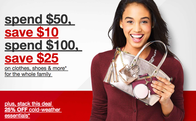 Target: $10 on $50 and $25 on $100 on clothes, shoes, and more with code STYLE | Extra 25% off cold-weather essentials with code COLD